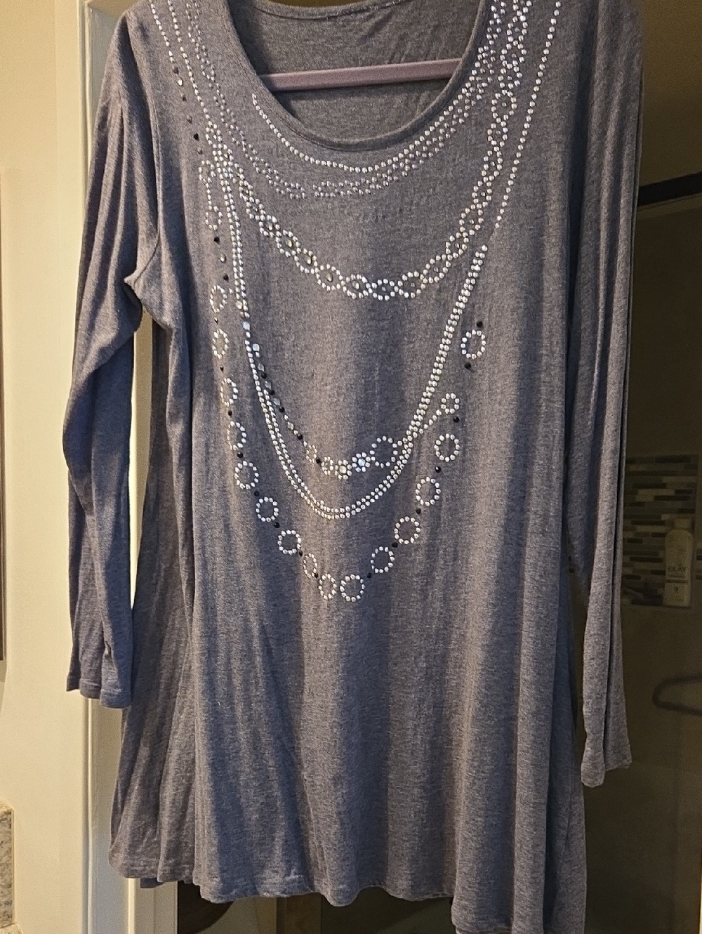 Women's Gray Embellished Long-Sleeve Tunic Top